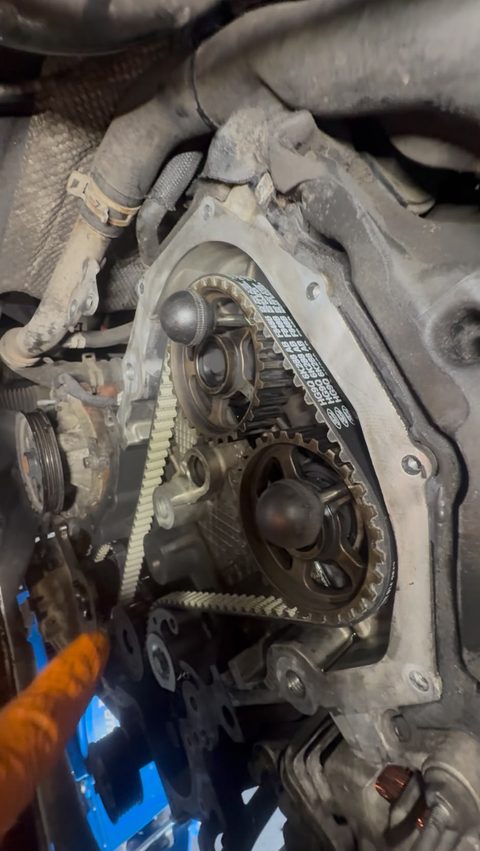 Timing belt and camshaft pulleys exposed on an engine at AGR Performance, Stafford